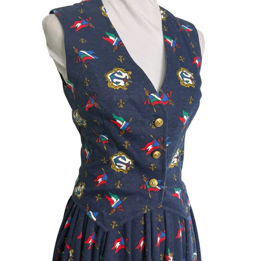 Vintage Nautical Anchor Flag Print Vest  Full Circle Skirt MAtching  Set XXS